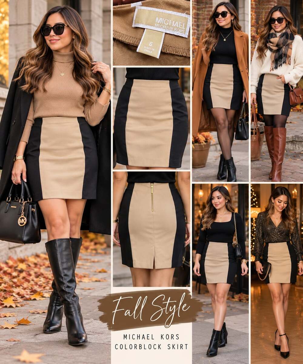 Michael Kors Colorblock Pencil Skirt Size 6 Tan Black Back Zip